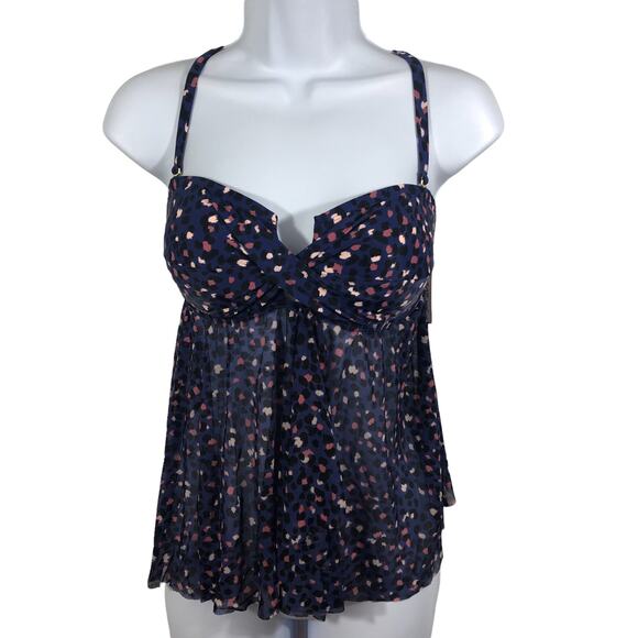 Kona Sol Women's SZ XS(0-2) Baby Doll Swim Fashion Top Navy Print with Mesh NWT - Picture 1 of 3
